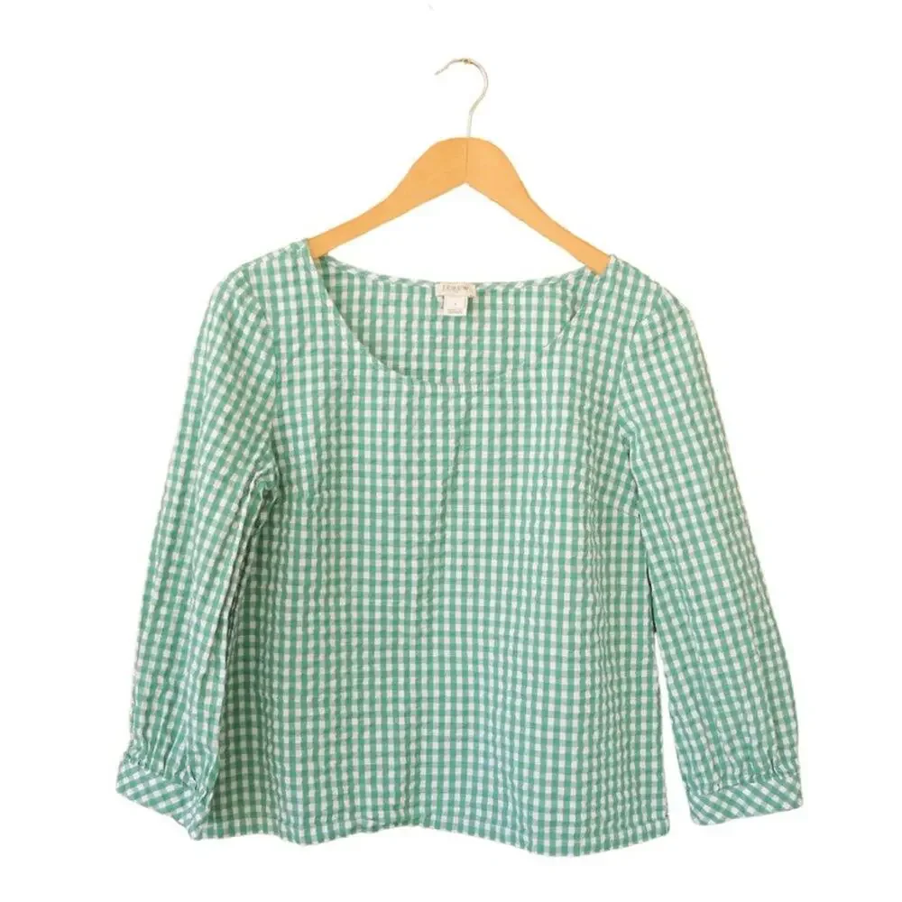 J Crew  Seersucker Green Gingham Peasant Top